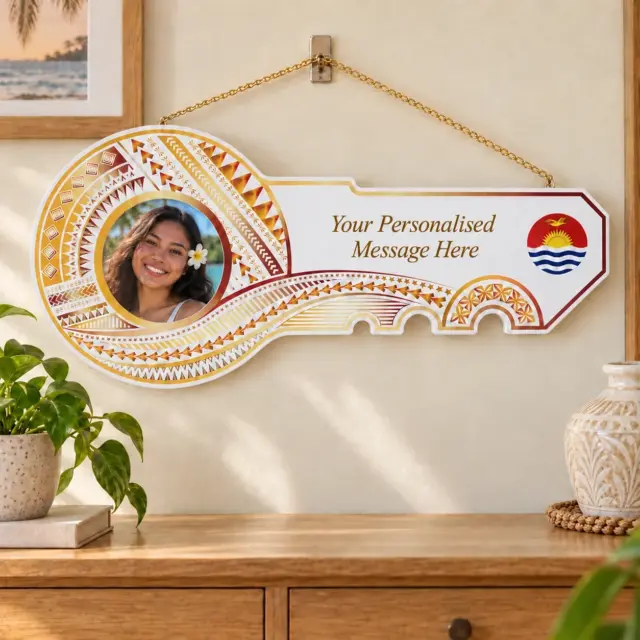 Island Design Golden Red Theme Colour UV Printed Birthday Key with Coloured Kiribati Flag