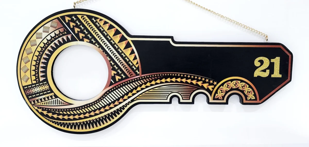 Island Design Golden Red Theme Colour UV Printed Birthday Key with Golden Glitter Look "21"