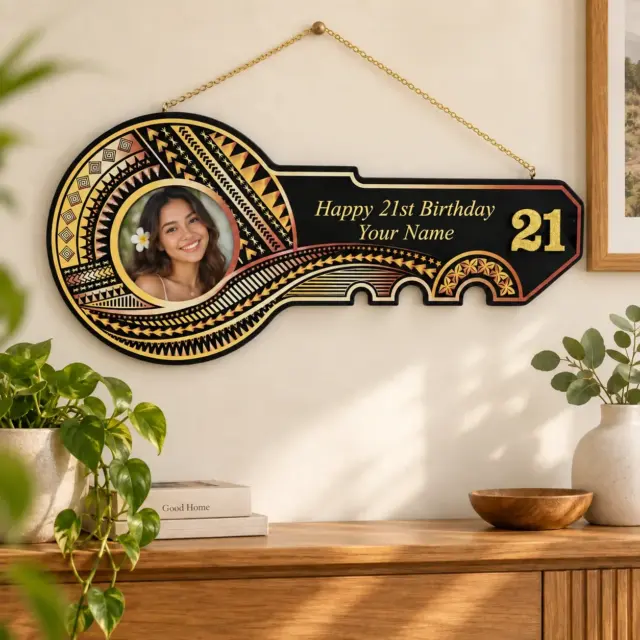 Island Design Golden Red Theme Colour UV Printed Birthday Key with Golden Glitter Look "21"