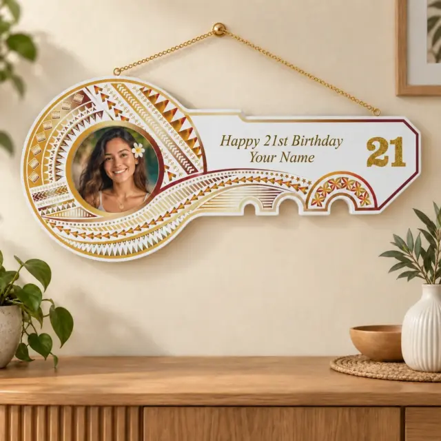 Island Design Golden Red Theme Colour UV Printed Birthday Key with Golden Glitter Look "21"