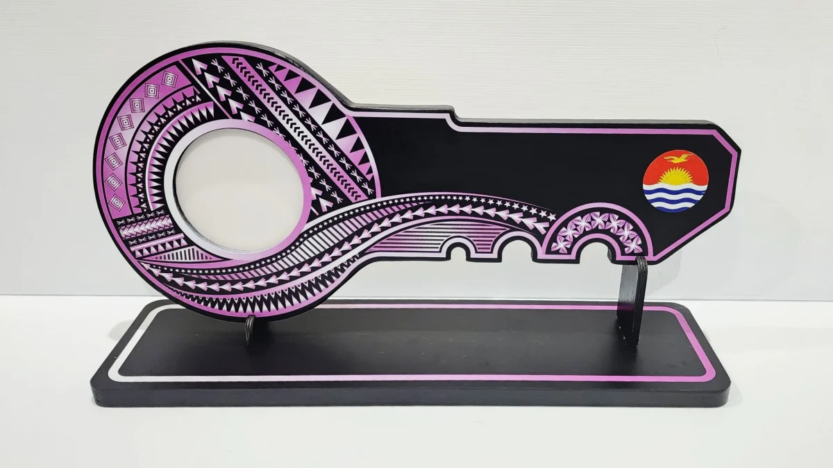 Island Design Purple & White Theme Colour UV Printed Wooden Birthday Key with "Kiribati Flag"  – SJ2258