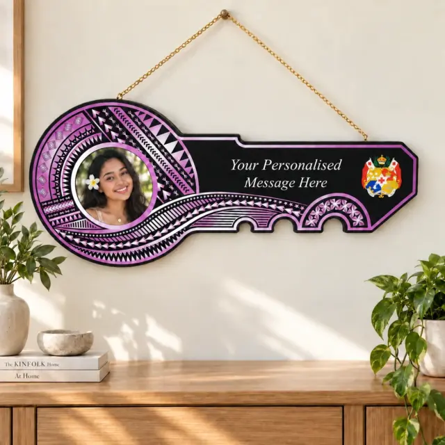 Island Design Purple & White Theme Colour UV Printed Wooden Birthday Key with "Tongan Sila"  – SJ2253