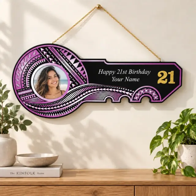 Island Design Purple & White Theme Colour UV Printed Wooden Birthday Key with "21"  – SJ2255