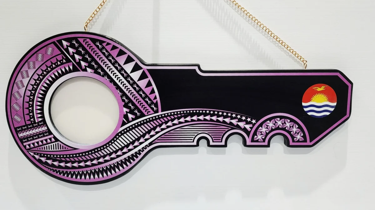 Island Design Purple & White Theme Colour UV Printed Wooden Birthday Key with "Kiribati Flag"  – SJ2258