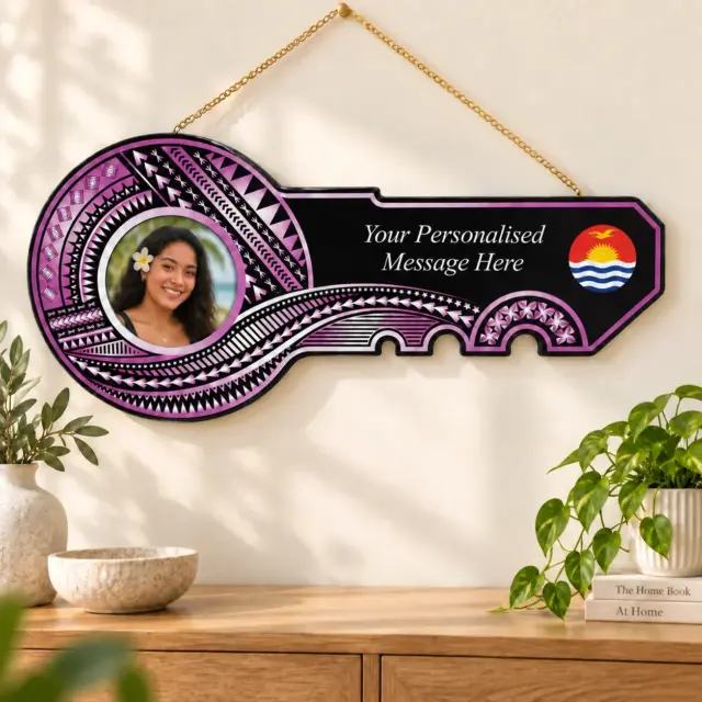 Island Design Purple & White Theme Colour UV Printed Wooden Birthday Key with "Kiribati Flag"  – SJ2258