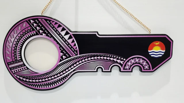 Island Design Purple & White Theme Colour UV Printed Wooden Birthday Key with "Kiribati Flag"  – SJ2258
