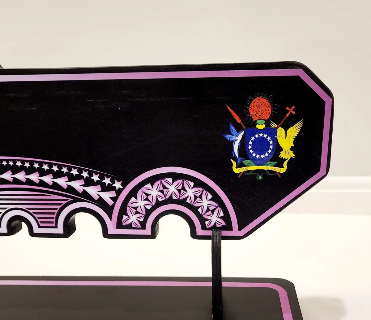 Island Design Purple Theme Colour UV Printed Birthday Key with Coat of Arms of The Cook Islands and Matching Colour Stand - Design 2256