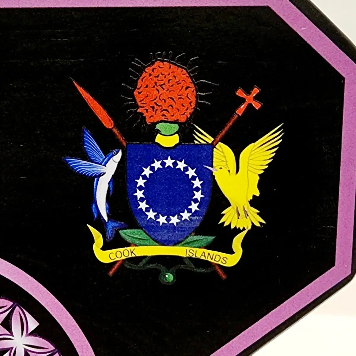 Island Design Purple Theme Colour UV Printed Birthday Key with Coat of Arms of The Cook Islands and Matching Colour Stand - Design 2256