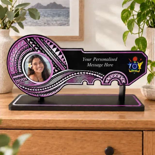 Island Design Purple Theme Colour UV Printed Birthday Key with Coat of Arms of The Cook Islands and Matching Colour Stand - Design 2256