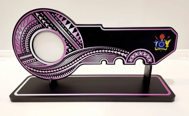 Island Design Purple Theme Colour UV Printed Birthday Key with Coat of Arms of The Cook Islands and Matching Colour Stand - Design 2256