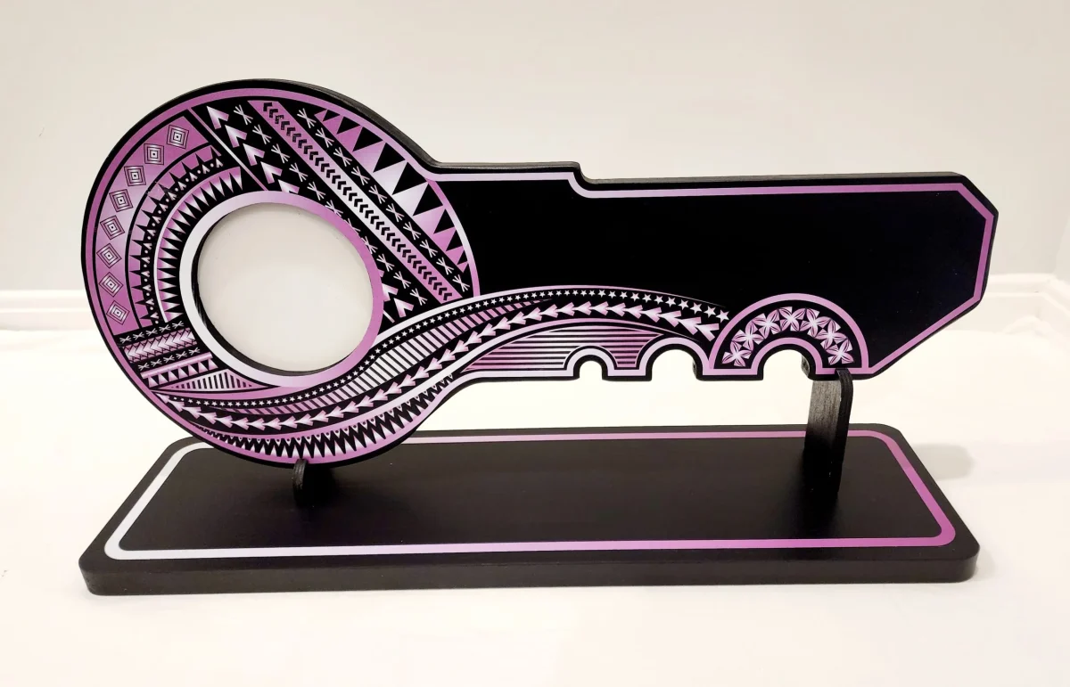 Island Design Purple Theme Colour UV Printed Birthday Key with Matching Colour Stand - Design 2252