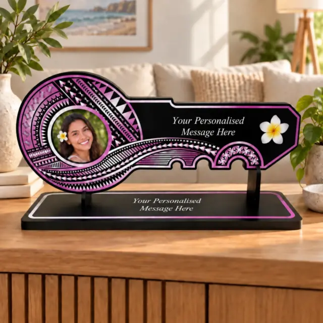 Island Design Purple Theme Colour UV Printed Birthday Key with White Frangipani and Matching Colour Stand - Design 2257