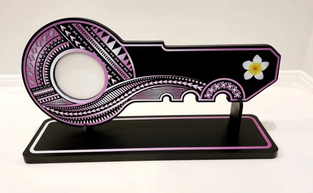 Island Design Purple Theme Colour UV Printed Birthday Key with White Frangipani and Matching Colour Stand - Design 2257