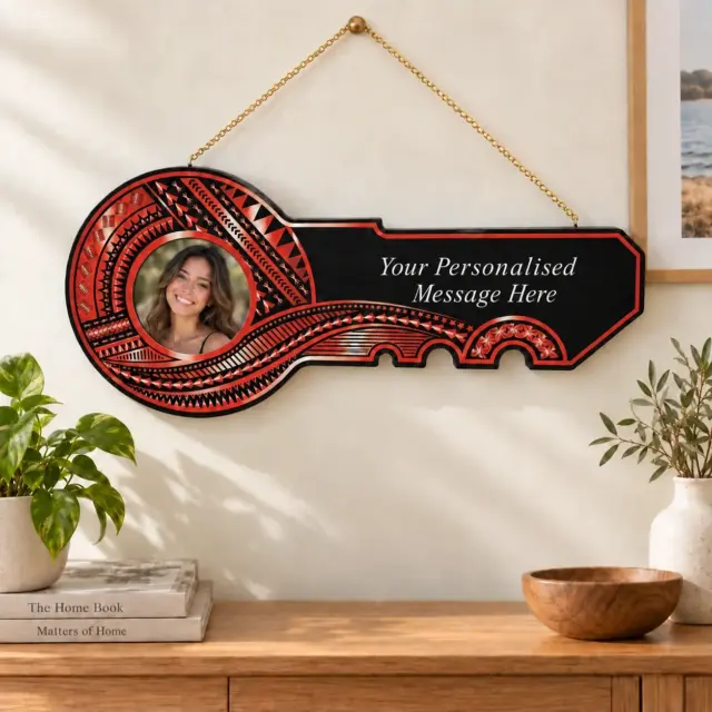 Island Design Red & White Theme Colour UV Printed Wooden Birthday Key  – SJ2245