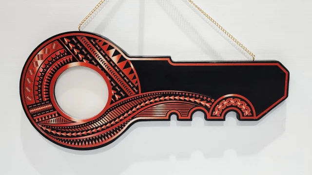 Island Design Red & White Theme Colour UV Printed Wooden Birthday Key  – SJ2245