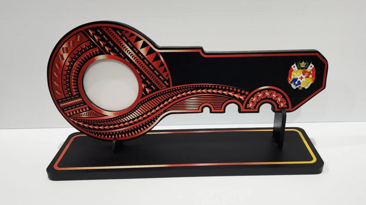 Island Design Red & White Theme Colour UV Printed Wooden Birthday Key with "Tongan Sila"  – SJ2246