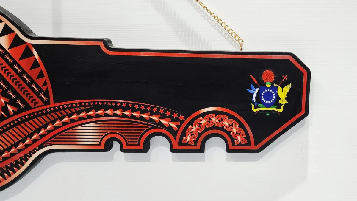 Island Design Red & White Theme Colour UV Printed Wooden Birthday Key with "Coat of arms of Cook Island"  – SJ2249