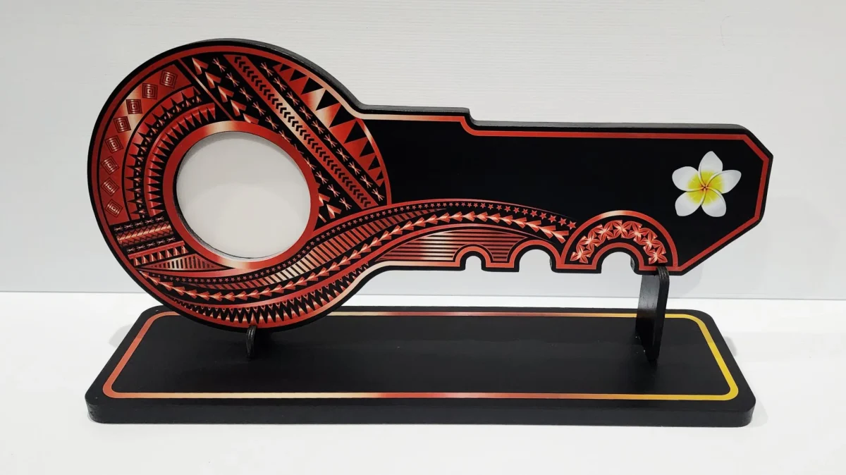 Island Design Red & White Theme Colour UV Printed Wooden Birthday Key with "White Plumeria"  – SJ2250