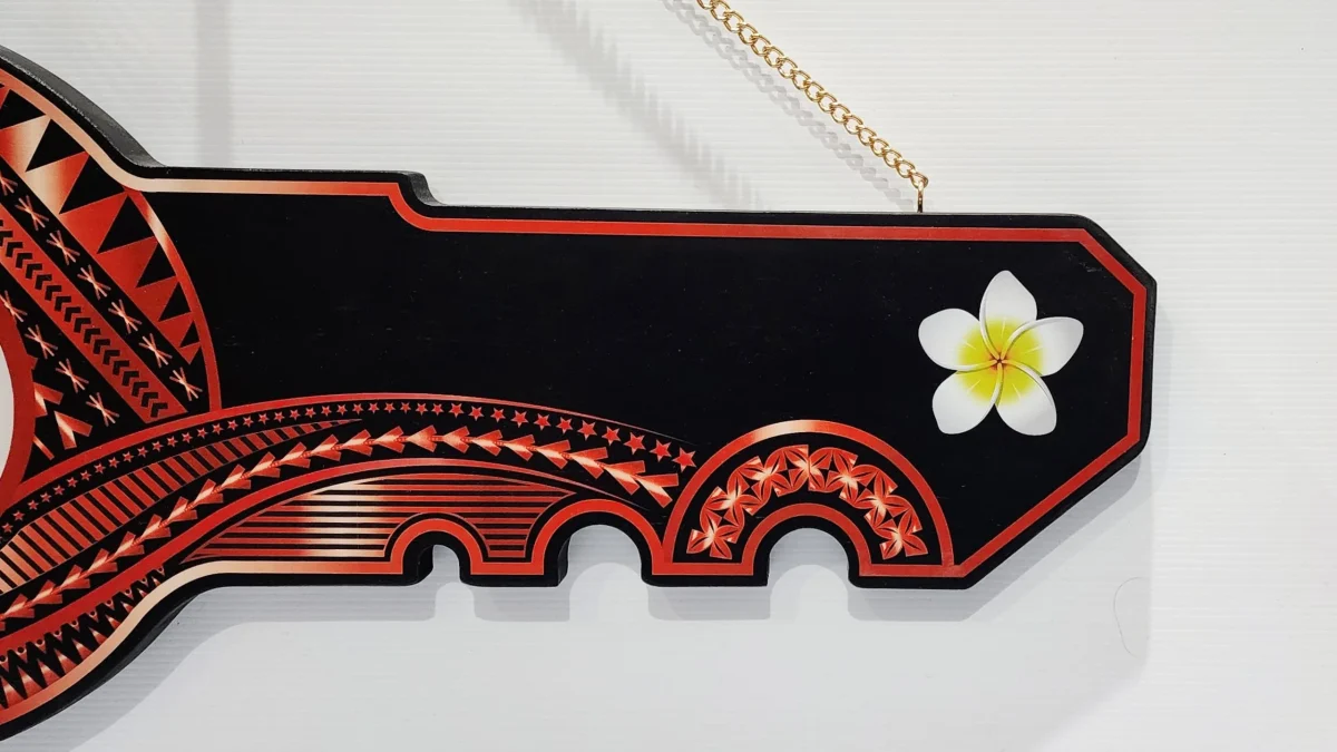 Island Design Red & White Theme Colour UV Printed Wooden Birthday Key with "White Plumeria"  – SJ2250