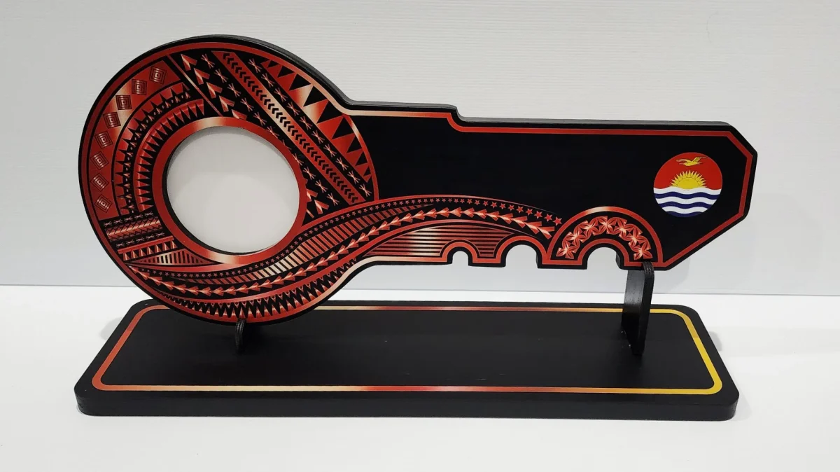 Island Design Red & White Theme Colour UV Printed Wooden Birthday Key with "Kiribati Flag"  – SJ2251