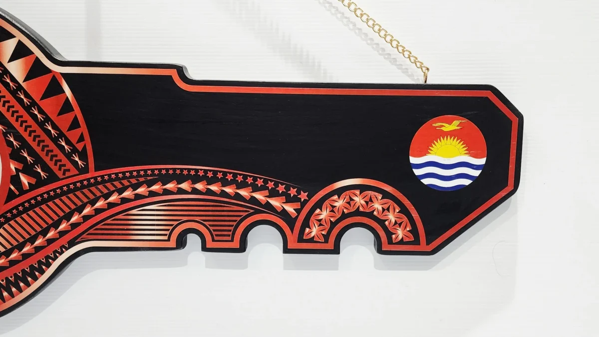 Island Design Red & White Theme Colour UV Printed Wooden Birthday Key with "Kiribati Flag"  – SJ2251