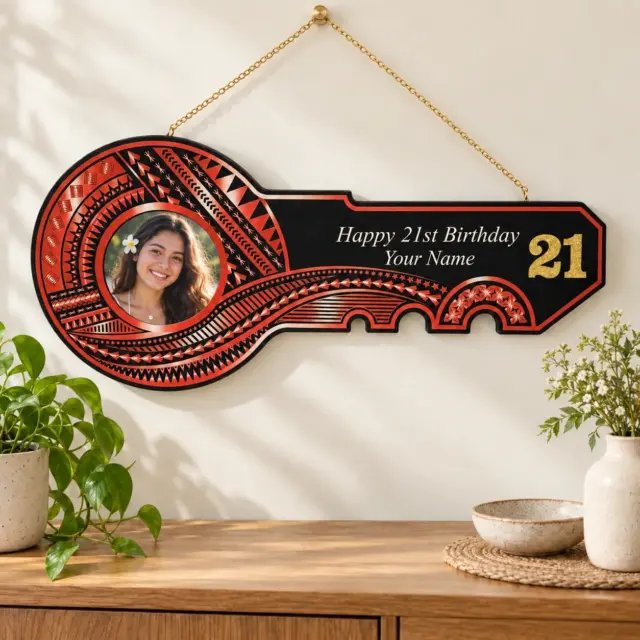 Island Design Red & White Theme Colour UV Printed Wooden Birthday Key with "21"  – SJ2248