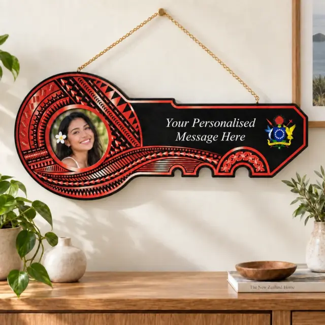 Island Design Red & White Theme Colour UV Printed Wooden Birthday Key with "Coat of arms of Cook Island"  – SJ2249