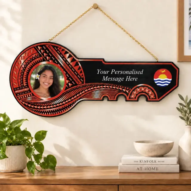 Island Design Red & White Theme Colour UV Printed Wooden Birthday Key with "Kiribati Flag"  – SJ2251