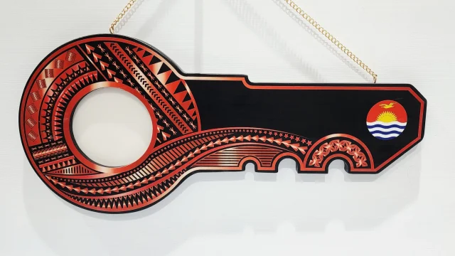 Island Design Red & White Theme Colour UV Printed Wooden Birthday Key with "Kiribati Flag"  – SJ2251