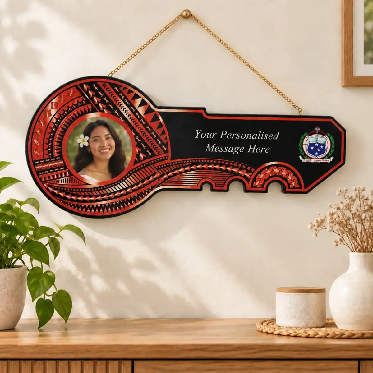 Island Design Red & White Theme Colour UV Printed Wooden Birthday Key with "Samoan Sila" – SJ2247