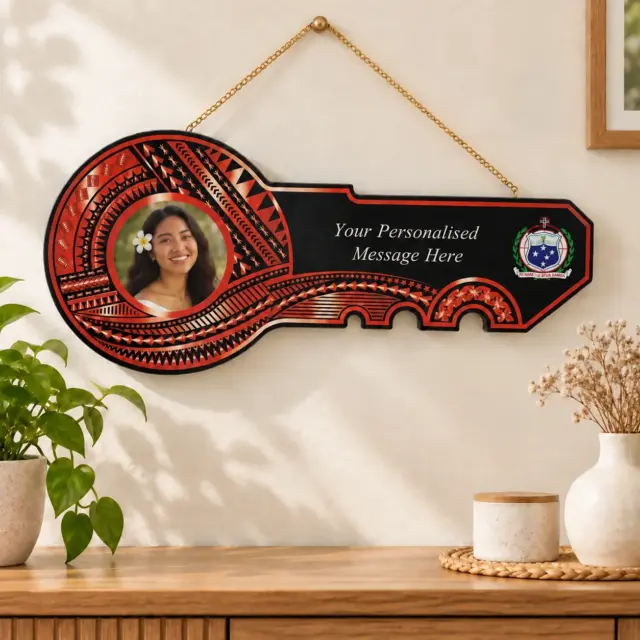 Island Design Red & White Theme Colour UV Printed Wooden Birthday Key with "Samoan Sila"  – SJ2247
