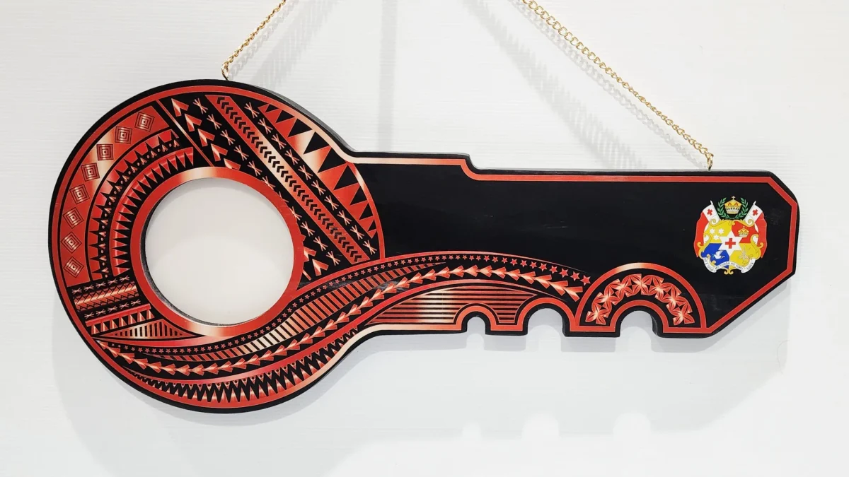 Island Design Red & White Theme Colour UV Printed Wooden Birthday Key with "Tongan Sila"  – SJ2246