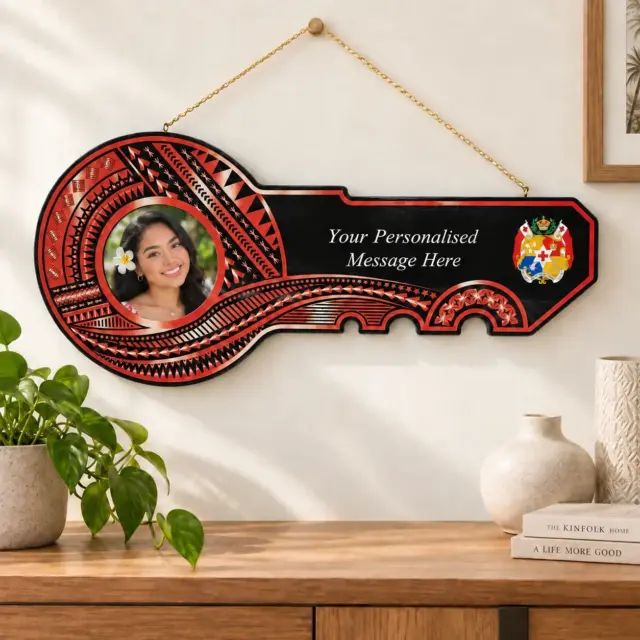 Island Design Red & White Theme Colour UV Printed Wooden Birthday Key with "Tongan Sila"  – SJ2246