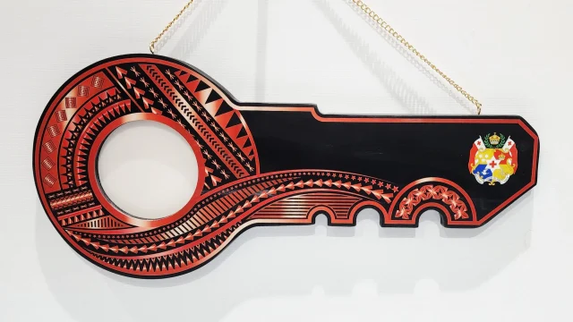 Island Design Red & White Theme Colour UV Printed Wooden Birthday Key with "Tongan Sila"  – SJ2246