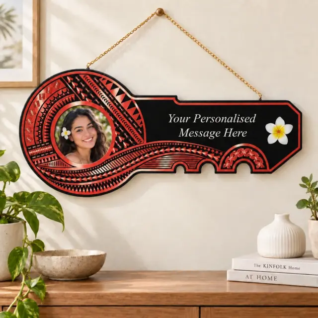 Island Design Red & White Theme Colour UV Printed Wooden Birthday Key with "White Plumeria"  – SJ2250