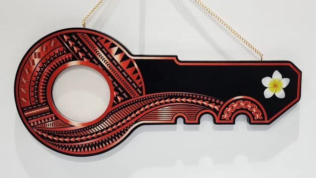 Island Design Red & White Theme Colour UV Printed Wooden Birthday Key with "White Plumeria"  – SJ2250