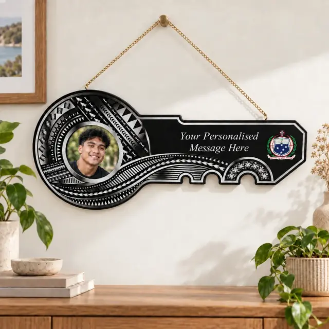 Island Design Silver Theme Colour UV Printed Wooden Birthday Key with "Samoan Sila  – SJ2261