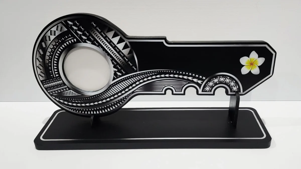 Island Design Silver Theme Colour UV Printed Wooden Birthday Key with "White Plumeria"  – SJ2264