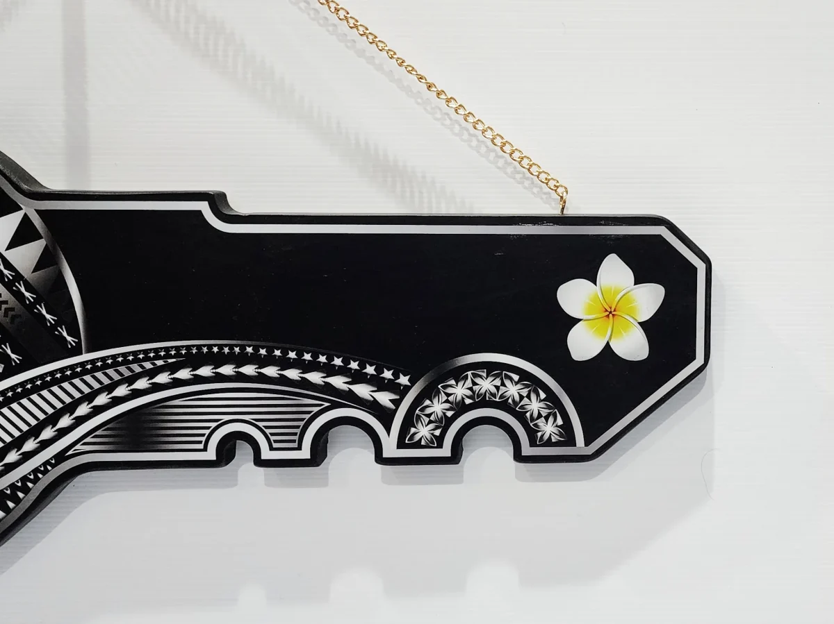 Island Design Silver Theme Colour UV Printed Wooden Birthday Key with "White Plumeria"  – SJ2264