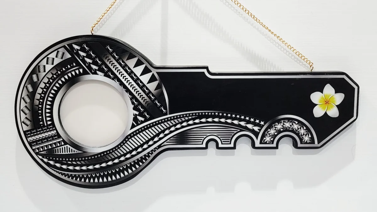 Island Design Silver Theme Colour UV Printed Wooden Birthday Key with "White Plumeria"  – SJ2264