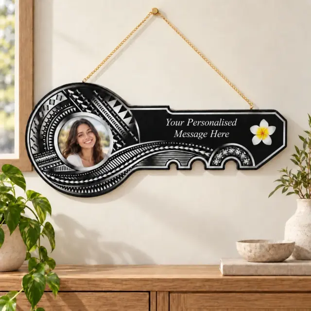 Island Design Silver Theme Colour UV Printed Wooden Birthday Key with "White Plumeria"  – SJ2264