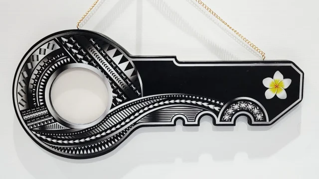 Island Design Silver Theme Colour UV Printed Wooden Birthday Key with "White Plumeria"  – SJ2264