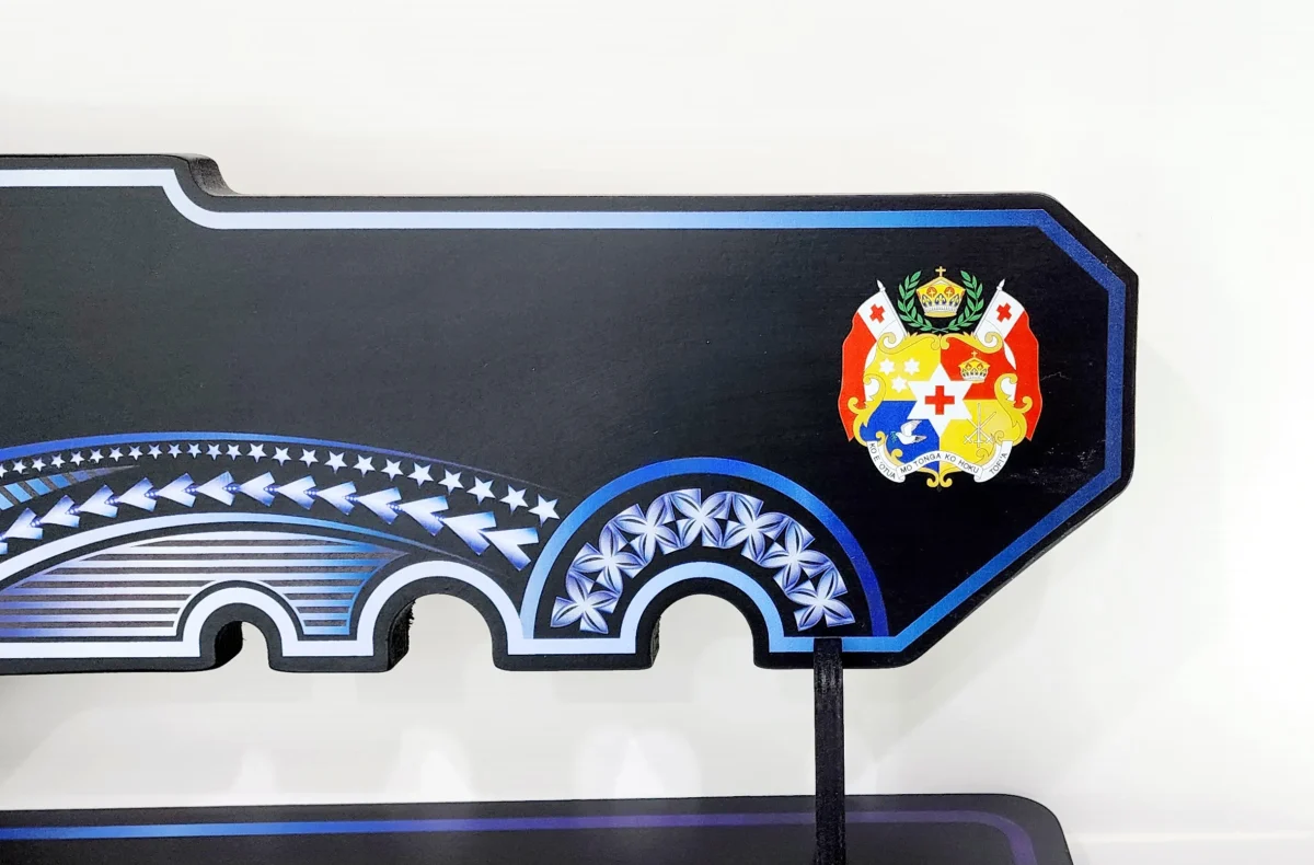Island Design White & Blue Theme Colour UV Printed Birthday Key with Coloured Tongan Sila with Matching Colour Stand