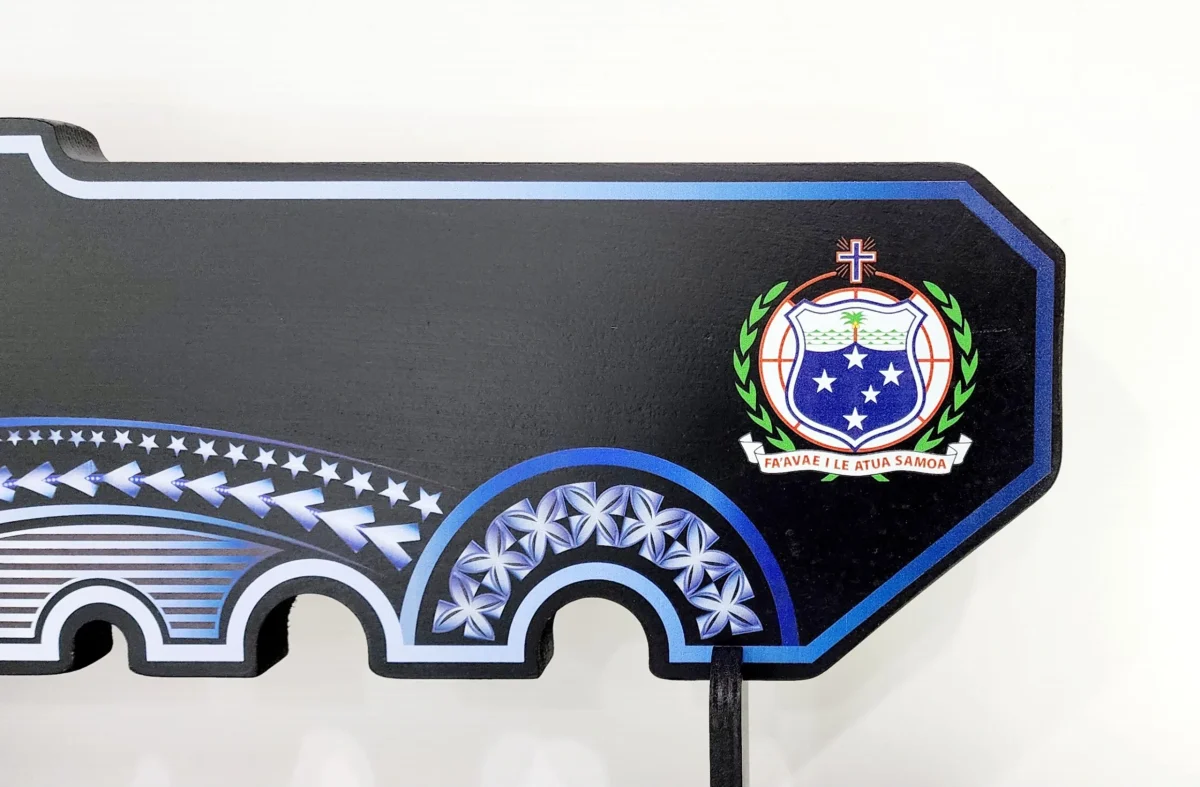 Island Design White & Blue Theme Colour UV Printed Birthday Key with Coloured Samoan Sila with Matching Colour Stand