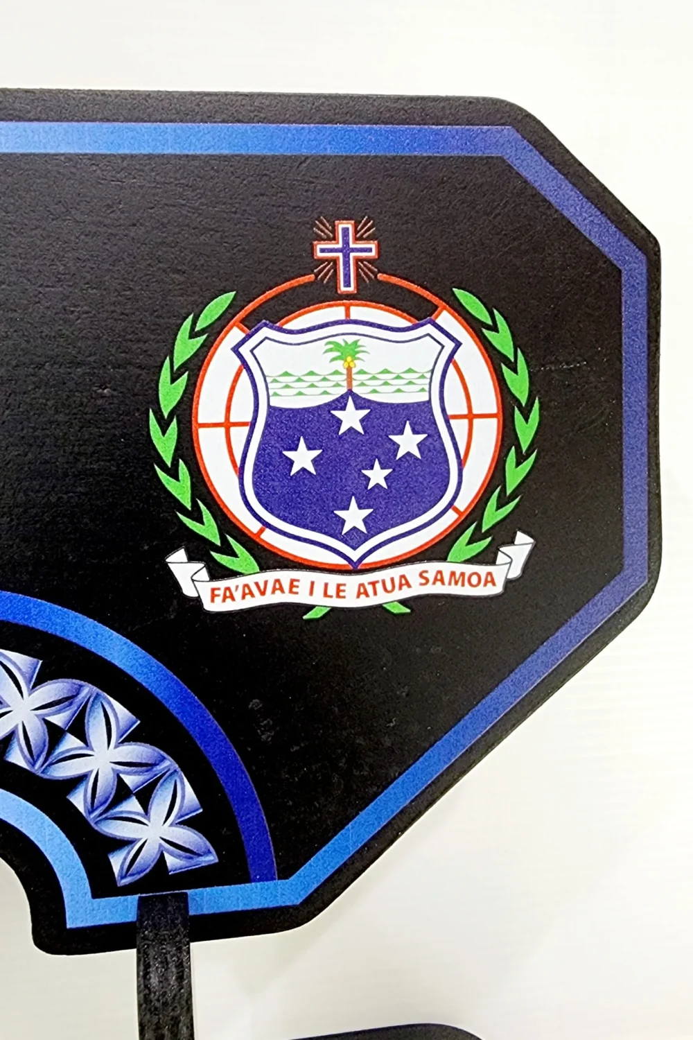 Island Design White & Blue Theme Colour UV Printed Birthday Key with Coloured Samoan Sila with Matching Colour Stand