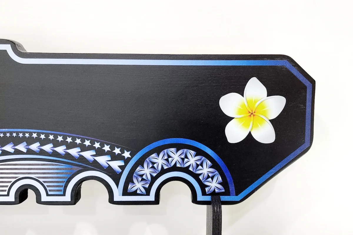 Island Design White & Blue Theme Colour UV Printed Birthday Key with White Frangipani Flower and Matching Colour Stand