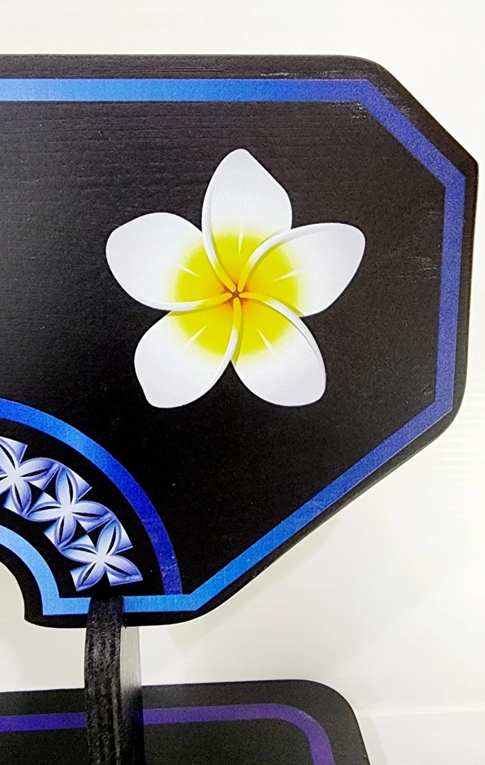 Island Design White & Blue Theme Colour UV Printed Birthday Key with White Frangipani Flower and Matching Colour Stand
