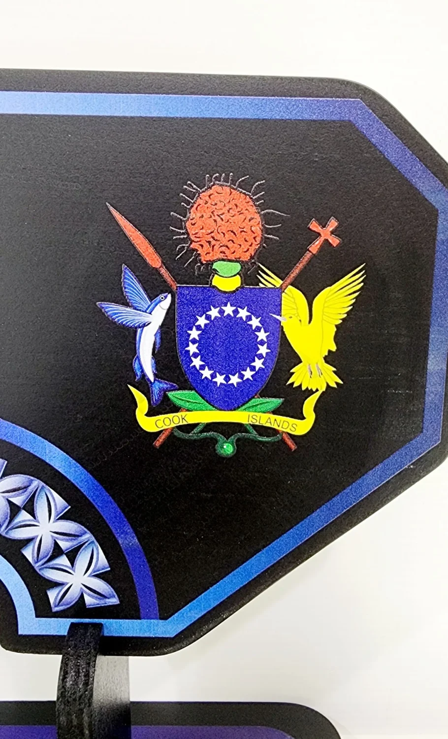 Island Design White & Blue Theme Colour UV Printed Birthday Key with Coat of Arms of Cook Island and Matching Colour Stand