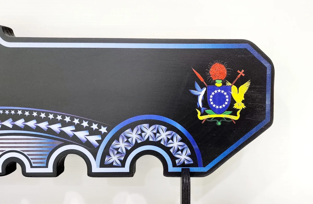 Island Design White & Blue Theme Colour UV Printed Birthday Key with Coat of Arms of Cook Island and Matching Colour Stand