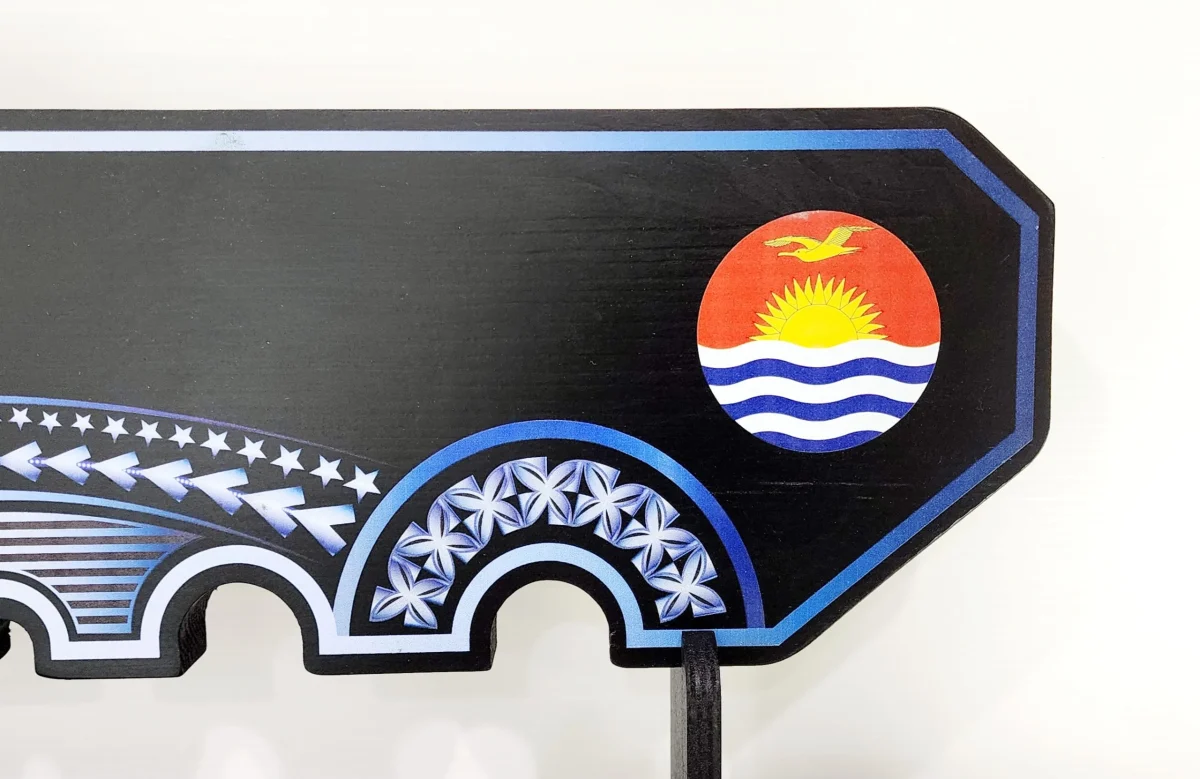 Island Design White & Blue Theme Colour UV Printed Birthday Key with Coloured Kiribati Flag and Matching Colour Stand